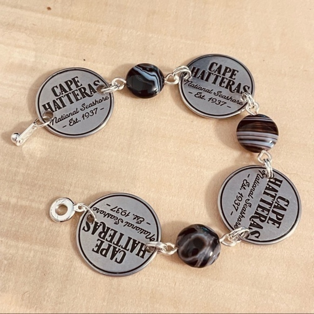Mixed Metal Lighthouse Black Agate Statement Bracelet 7.5” Travel Vacation - Picture 7 of 8